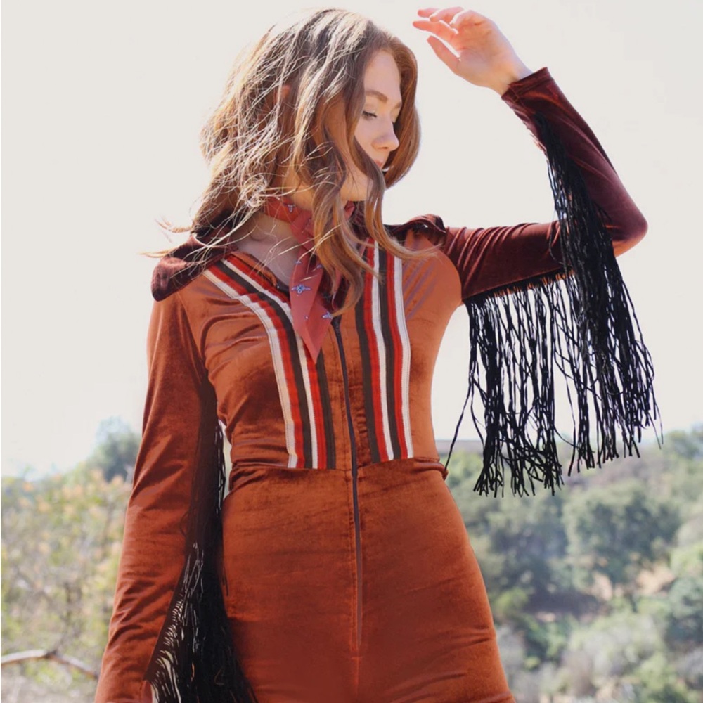 SOLD! Miracle Eye Rainbow Chaser Velvet Fringe Romper in Chocolate